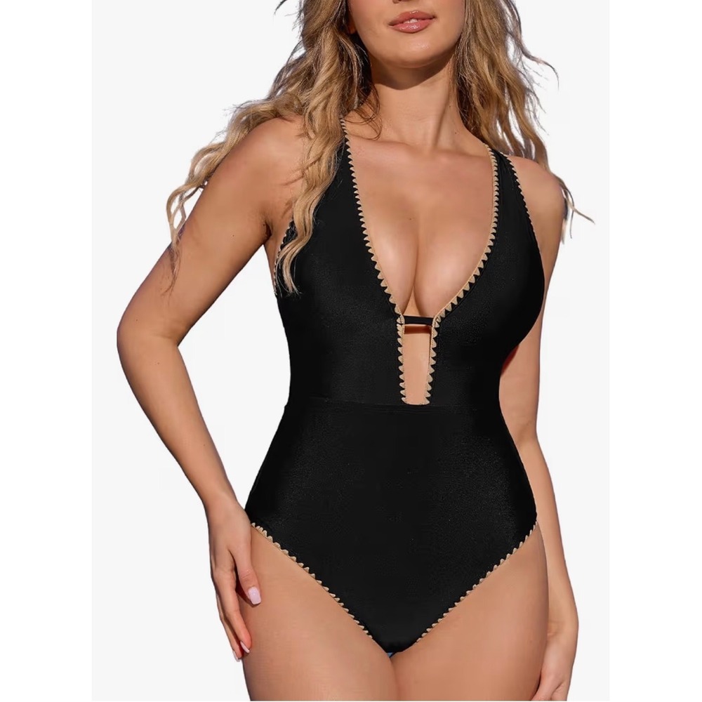 Cupshe Womens Black Gold Scalloped Plunging V-Neck One Piece Swimsuit size L